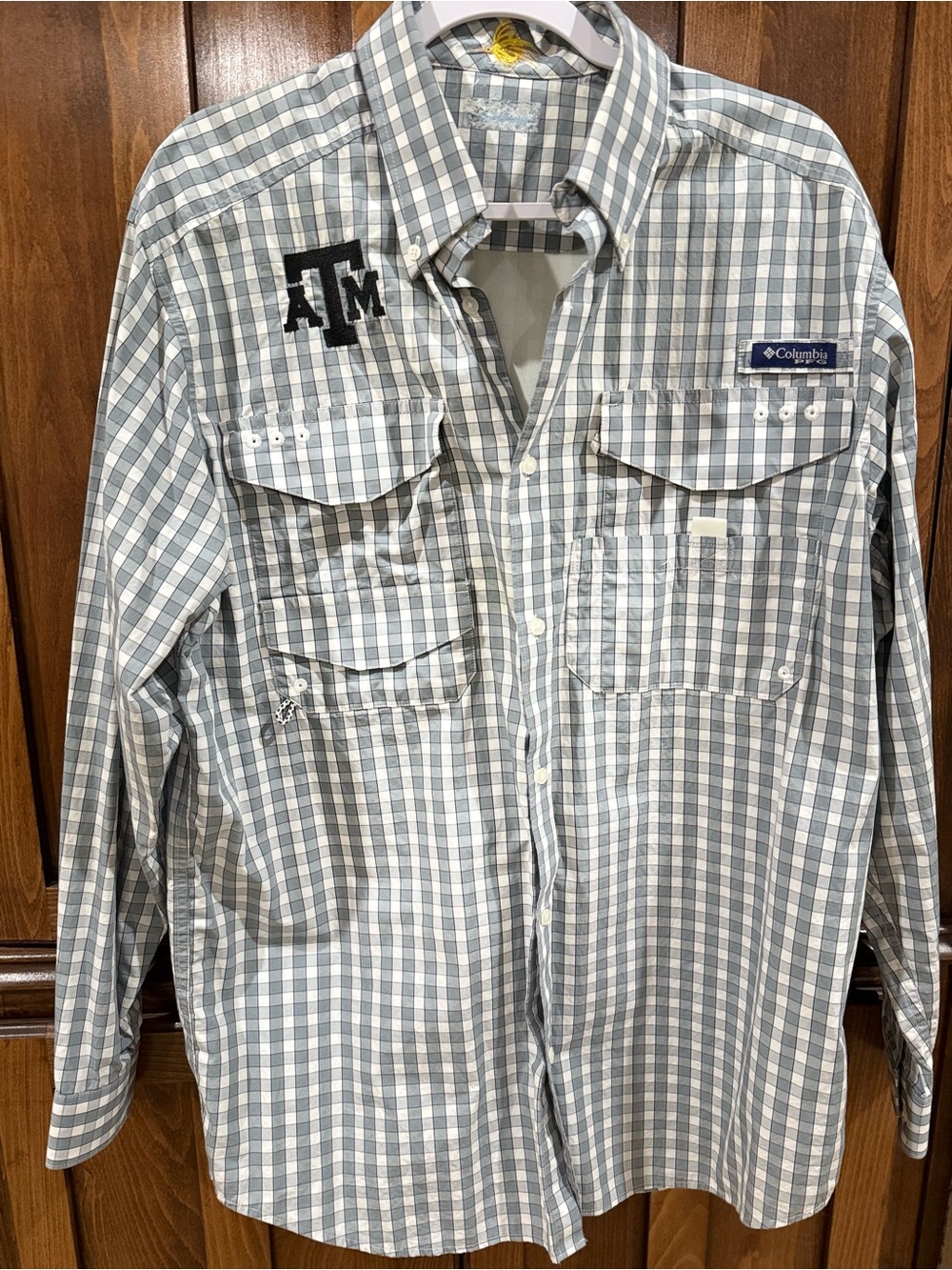 Columbia Men's Gray and White Check Button-Down Shirt A&M Logo